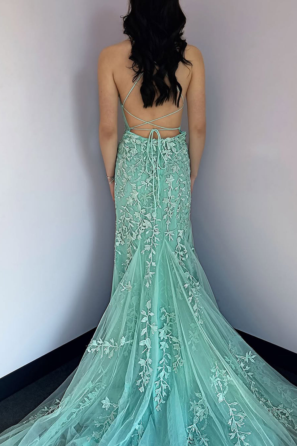 Mermaid Scoop Neck Mint Tulle Long Prom Dress Gown with Appliques LF1384