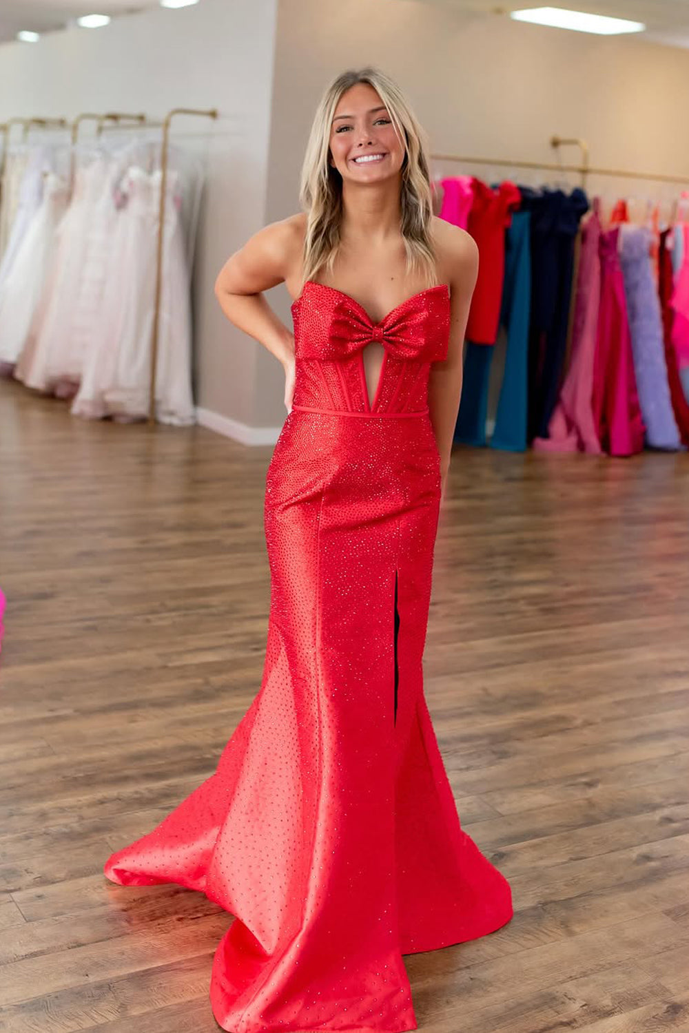 Mermaid Strapless Red Satin Beads Long Prom Dress Gown with Slit LF1391