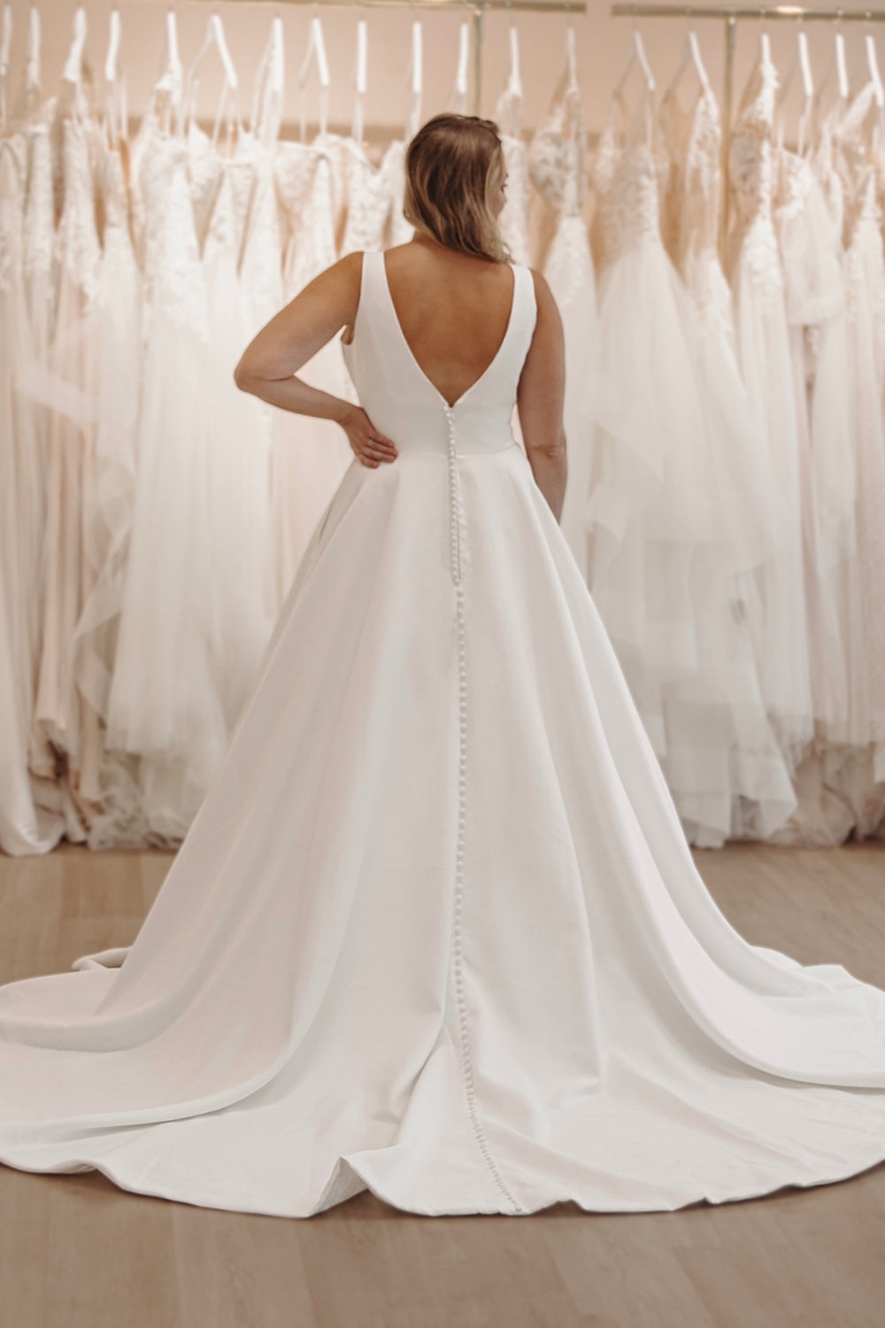 Cute A Line V Neck Satin Long Wedding Dresses Gown with Botton HS881