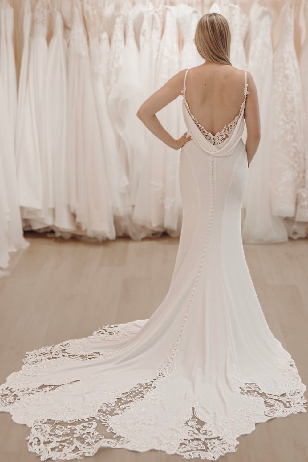 Graceful Mermaid V Neck Elastic Satin Wedding Dresses Gown with Appliques HS860