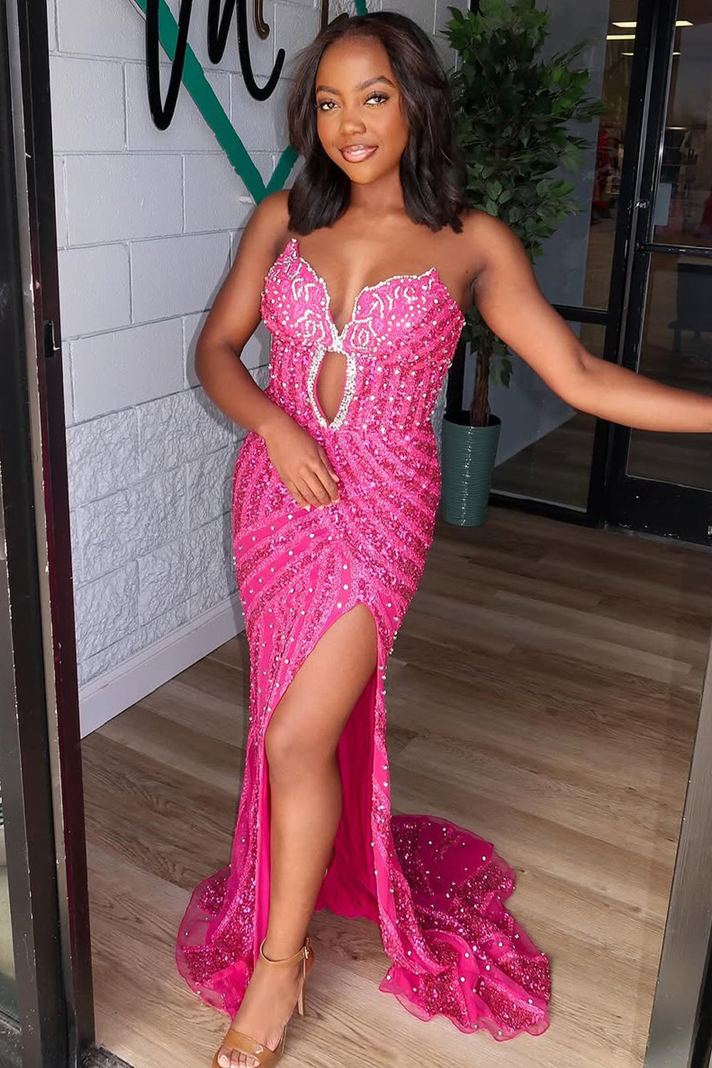 Mermaid Strapless Fuchsia Keyhole Sequins Long Prom Dress Gown with Slit LF1354