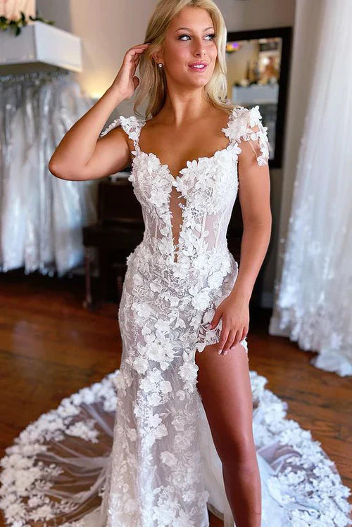 Glamorous Mermaid Sweetheart White Wedding Dresses Gown with Flower Appliques HS673