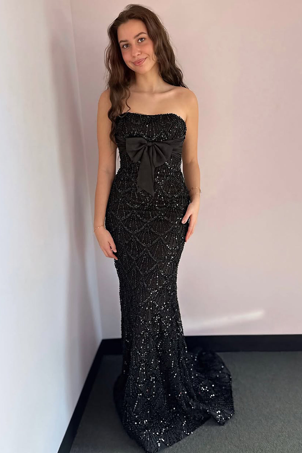 Mermaid Strapless Black Sequins Long Prom Dress Gown with Bowknot LF1406