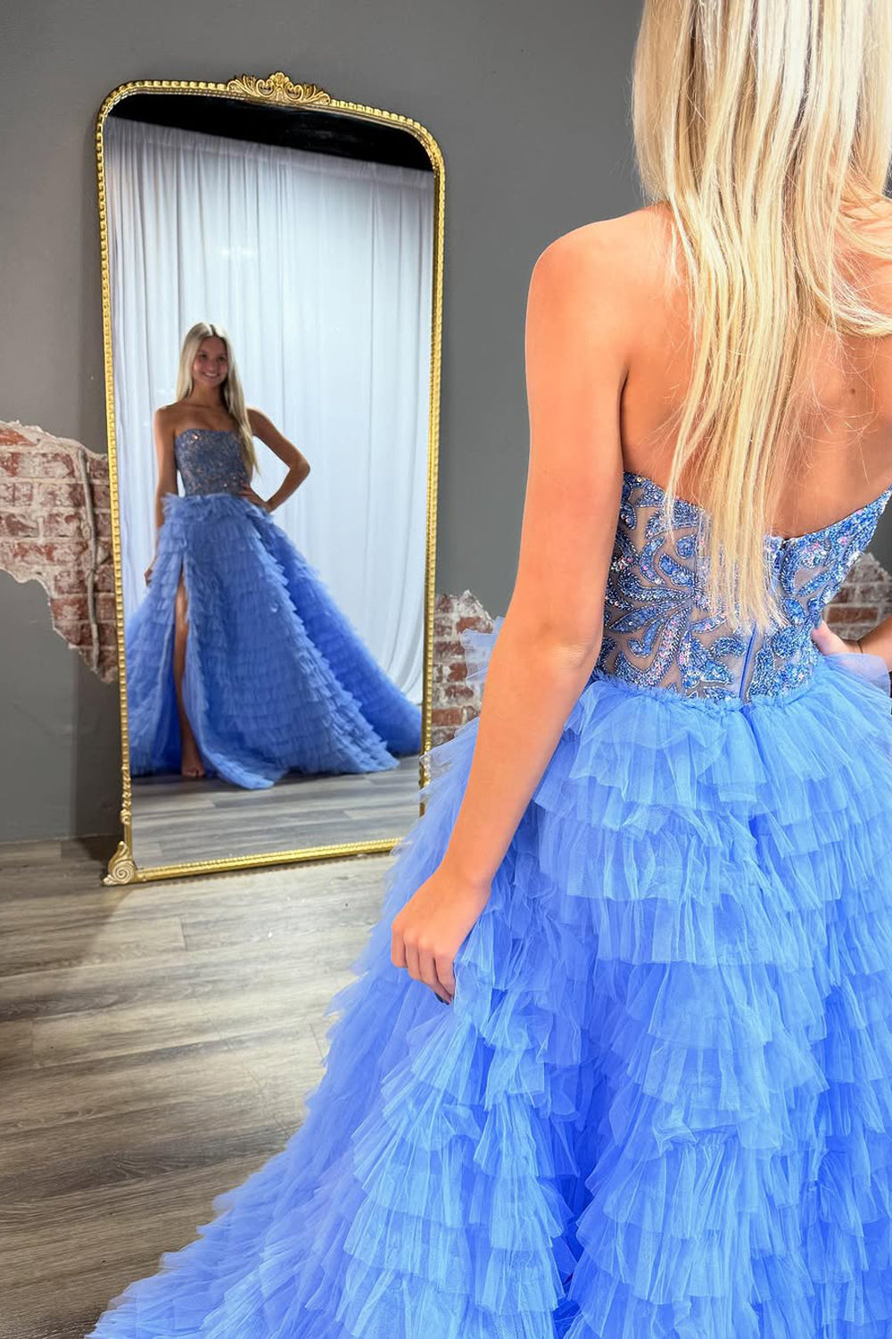 Dazzling Ball Gown Strapless Blue Tiered Tulle Prom Dress Gown with Beading LF1353