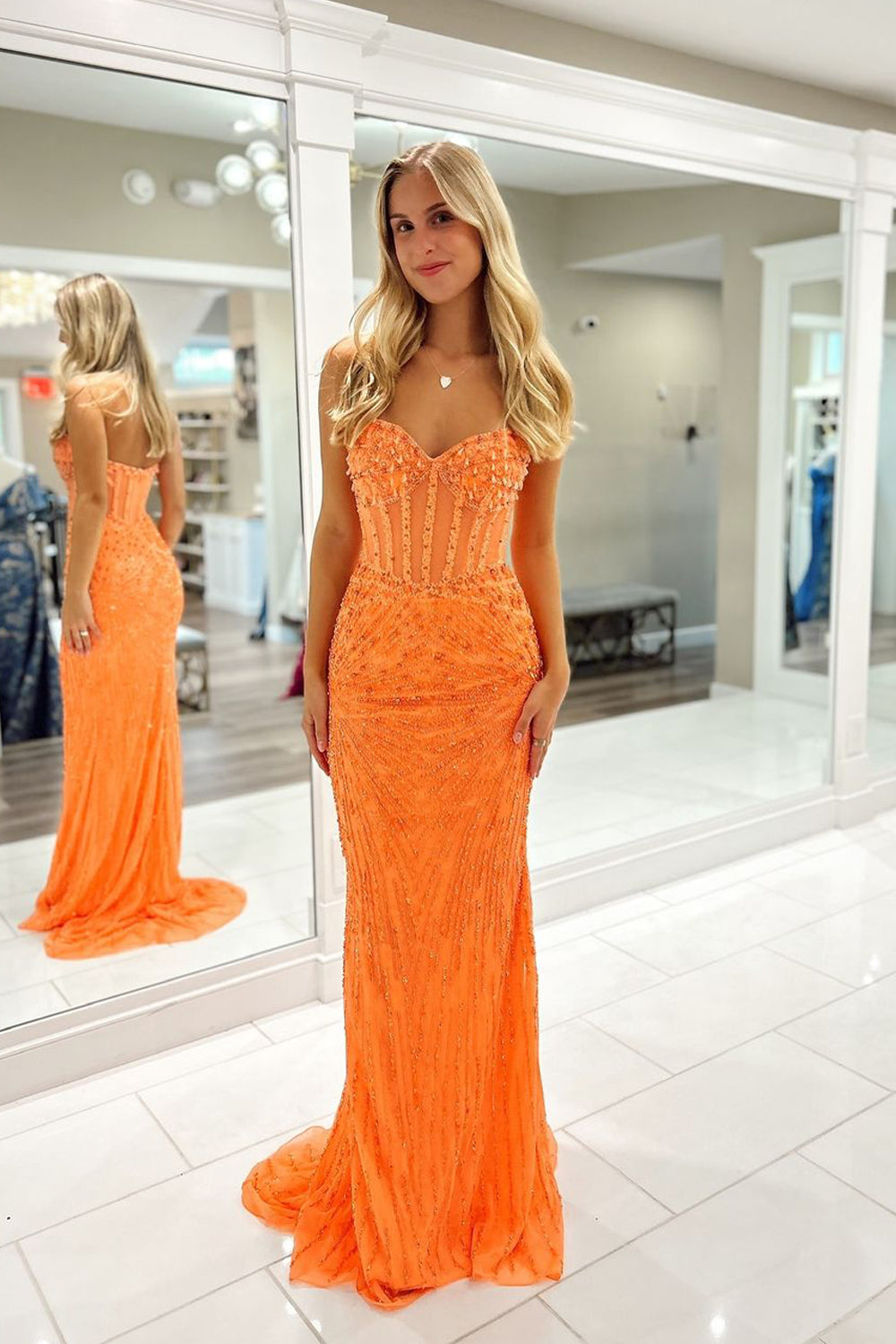 Charming Mermaid V Neck Evening Gown Orange Sequins Long Prom Dress with Beading LF683
