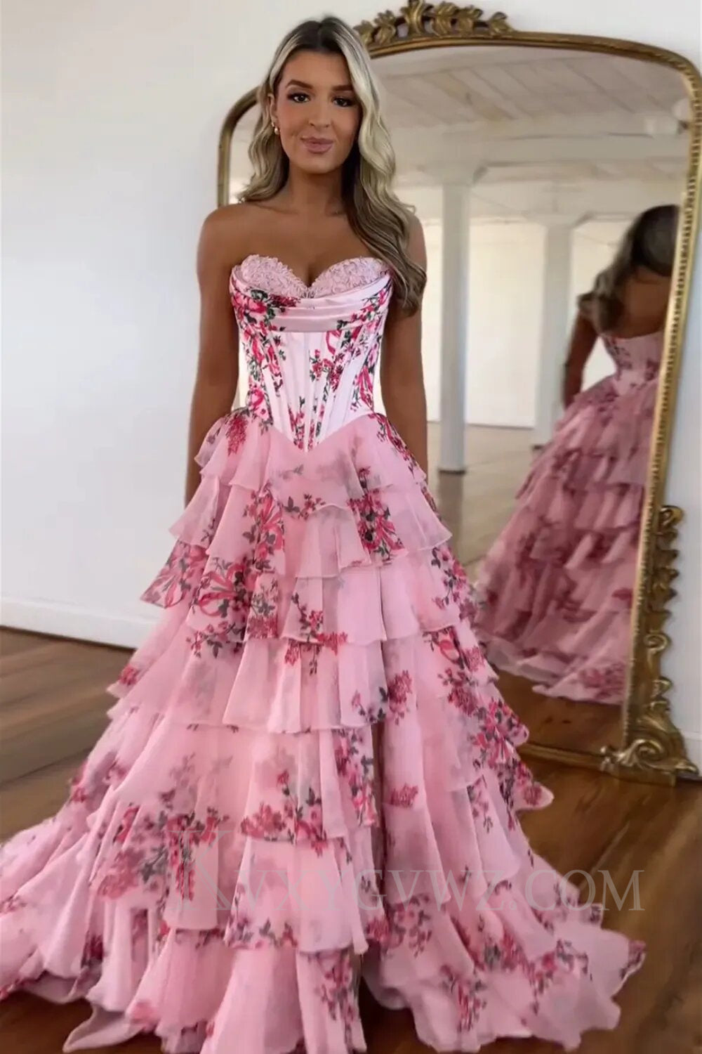 White Blue/Pink Flower Tiered Sweetheart Corset High Split Long Prom Dress LF001