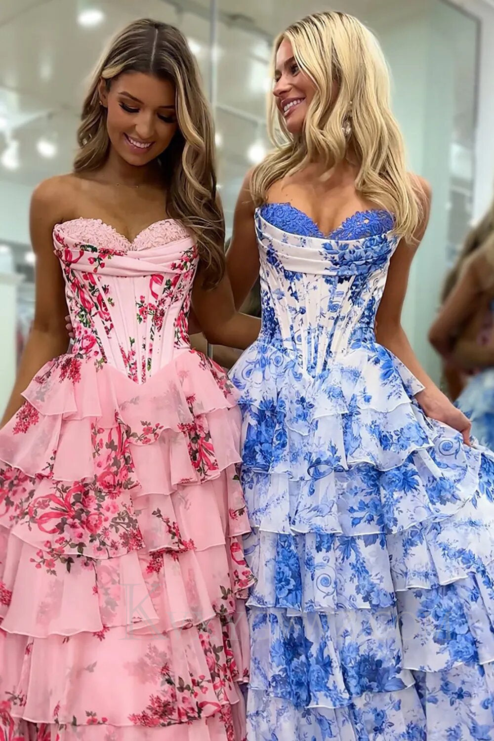 White Blue/Pink Flower Tiered Sweetheart Corset High Split Long Prom Dress LF001