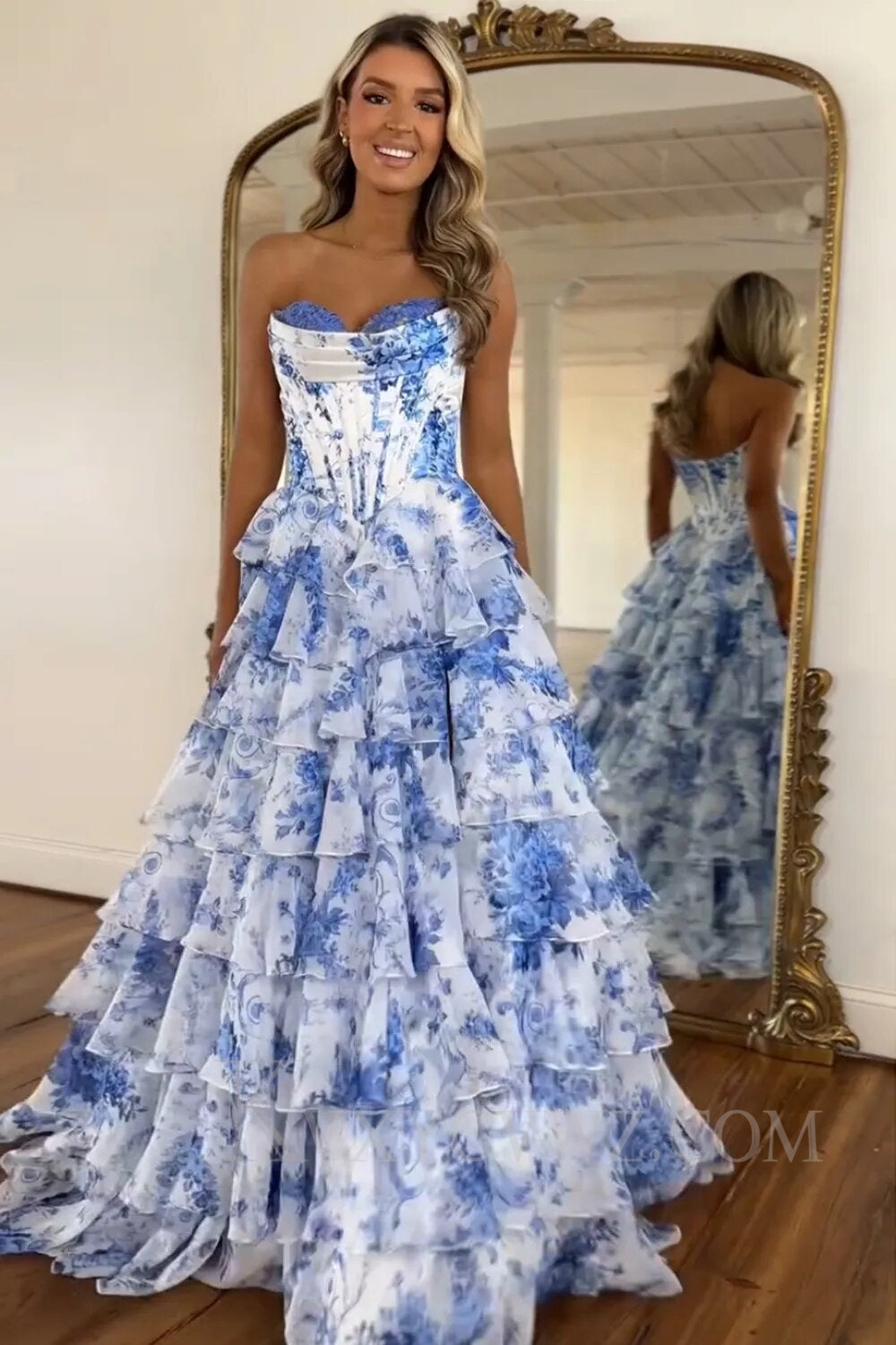 White Blue/Pink Flower Tiered Sweetheart Corset High Split Long Prom Dress LF001