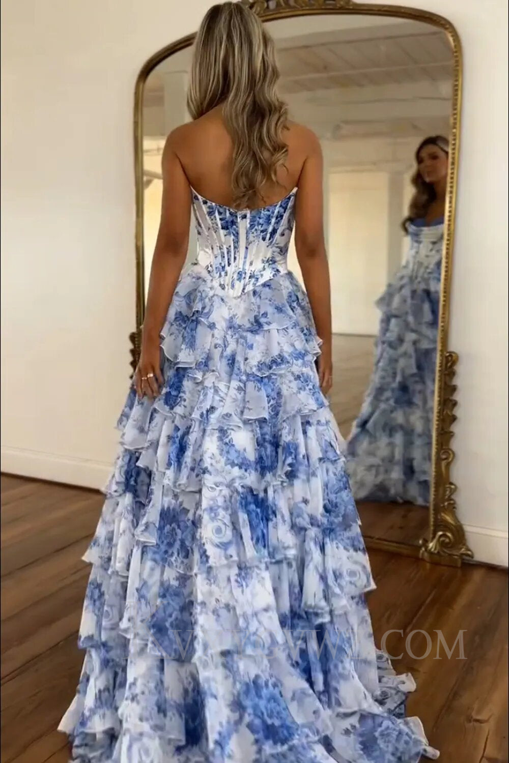 White Blue/Pink Flower Tiered Sweetheart Corset High Split Long Prom Dress LF001