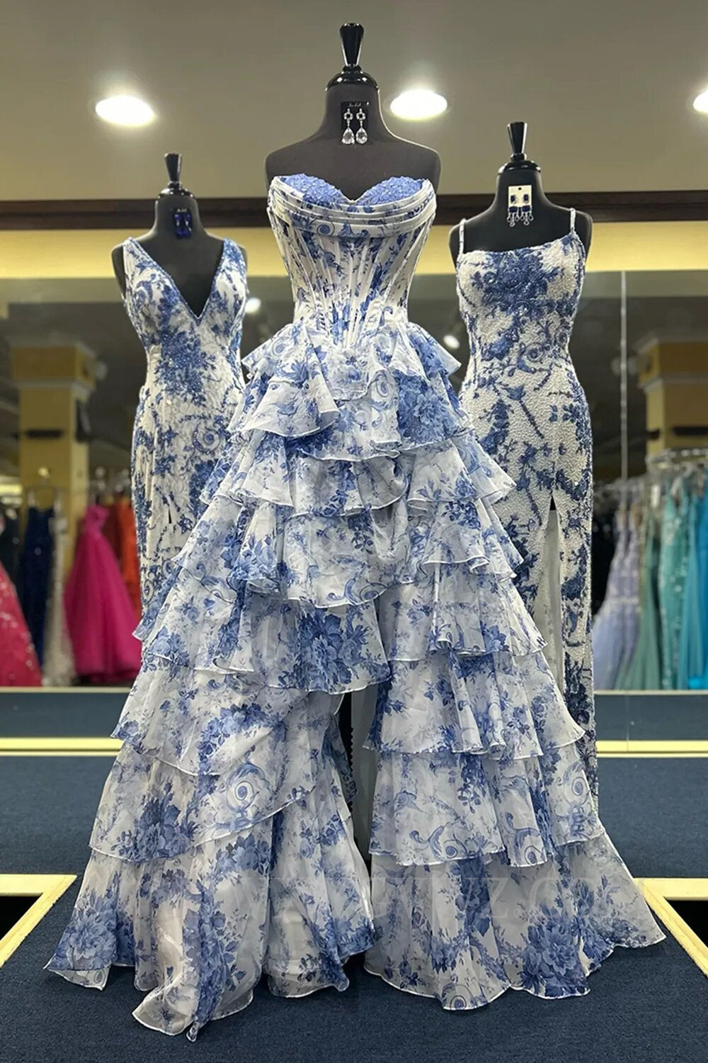 White Blue/Pink Flower Tiered Sweetheart Corset High Split Long Prom Dress LF001
