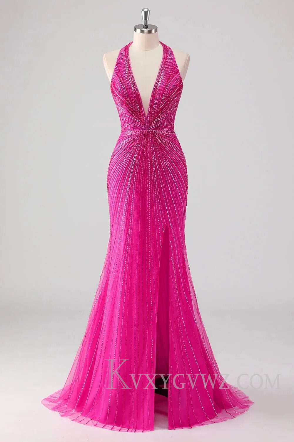 Sparkly Fuchsia Halter Deep V-neck Long Prom Drees with Slit LF100