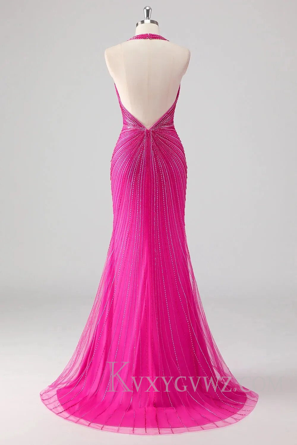 Sparkly Fuchsia Halter Deep V-neck Long Prom Drees with Slit LF100