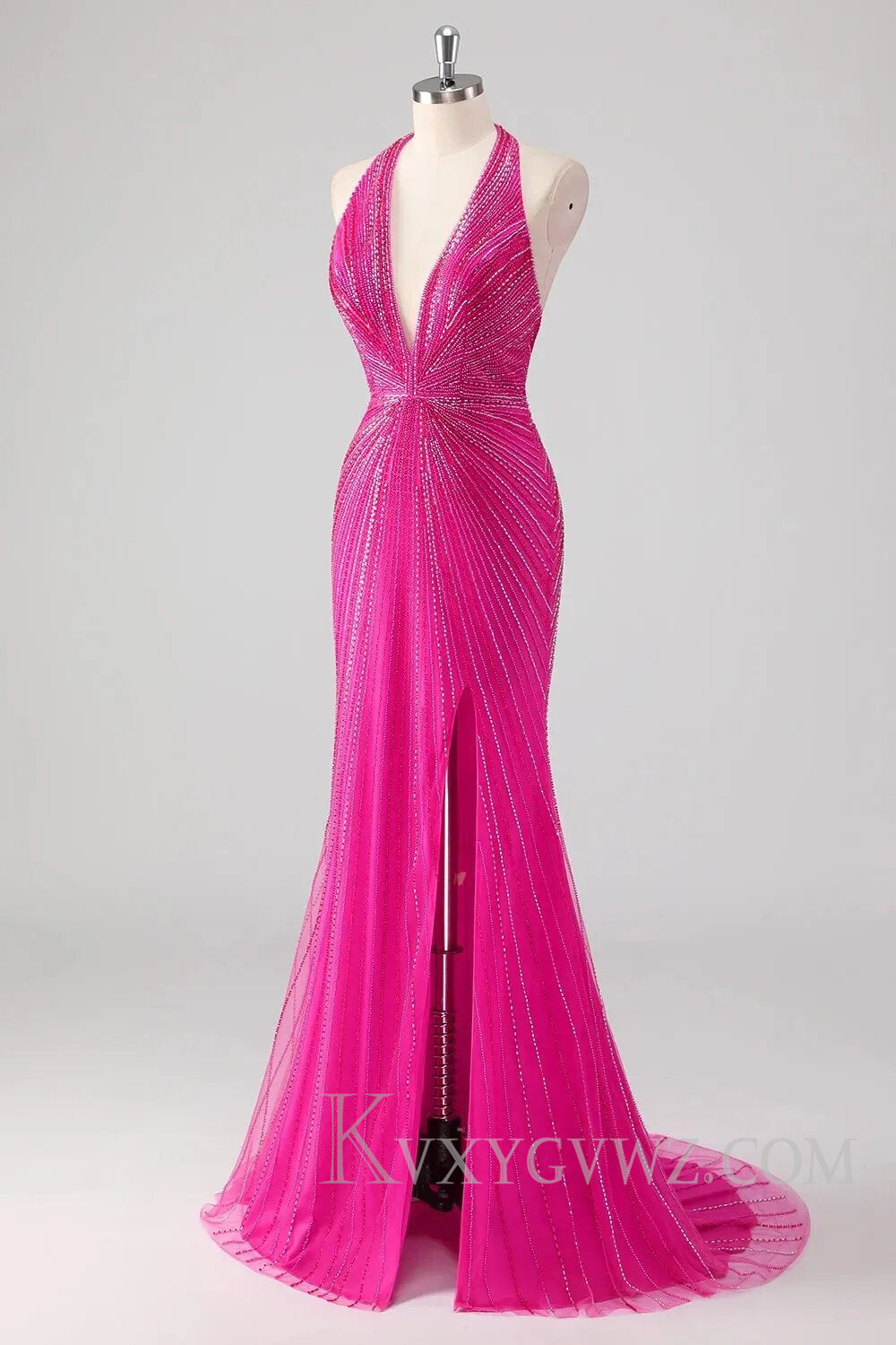 Sparkly Fuchsia Halter Deep V-neck Long Prom Drees with Slit LF100
