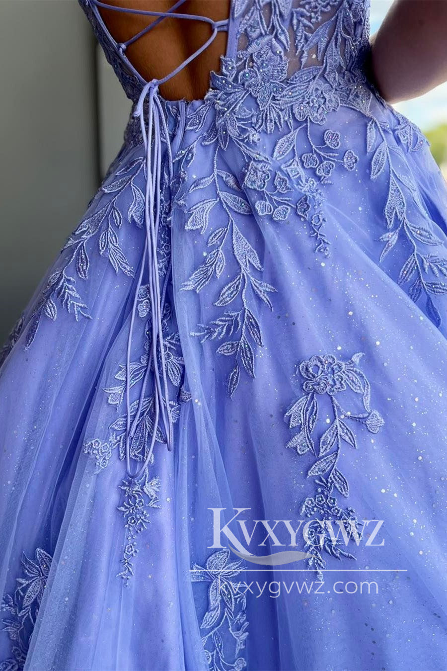 A-Line Sweetheart Lavender Evening Gown Tulle Appliques Long Prom Dress LF1000