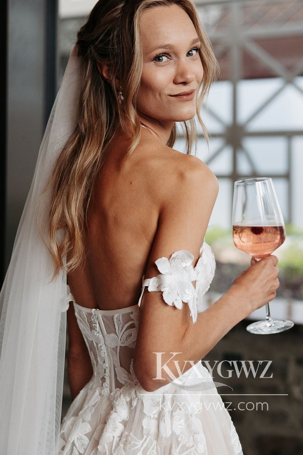 Enchanting A-Line Strapless Floral Print Ruffle Wedding Dress Gown with Slit HS1001