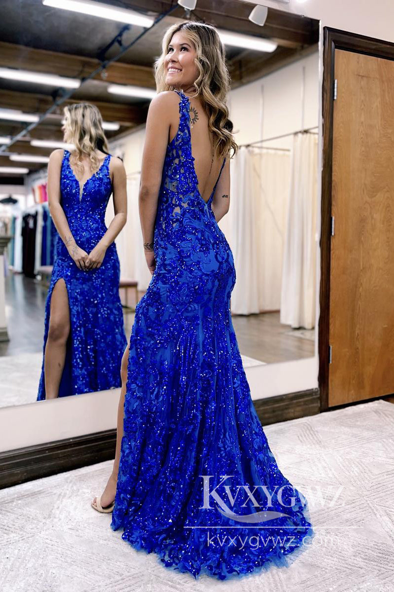 Royal Blue V Neck Sequins Evening Gown Lace Long Mermaid Prom Dress LF1004