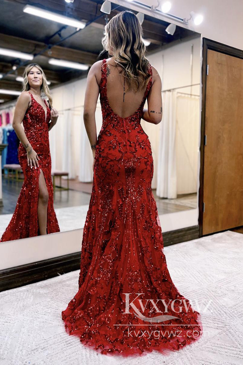 Royal Blue V Neck Sequins Evening Gown Lace Long Mermaid Prom Dress LF1004