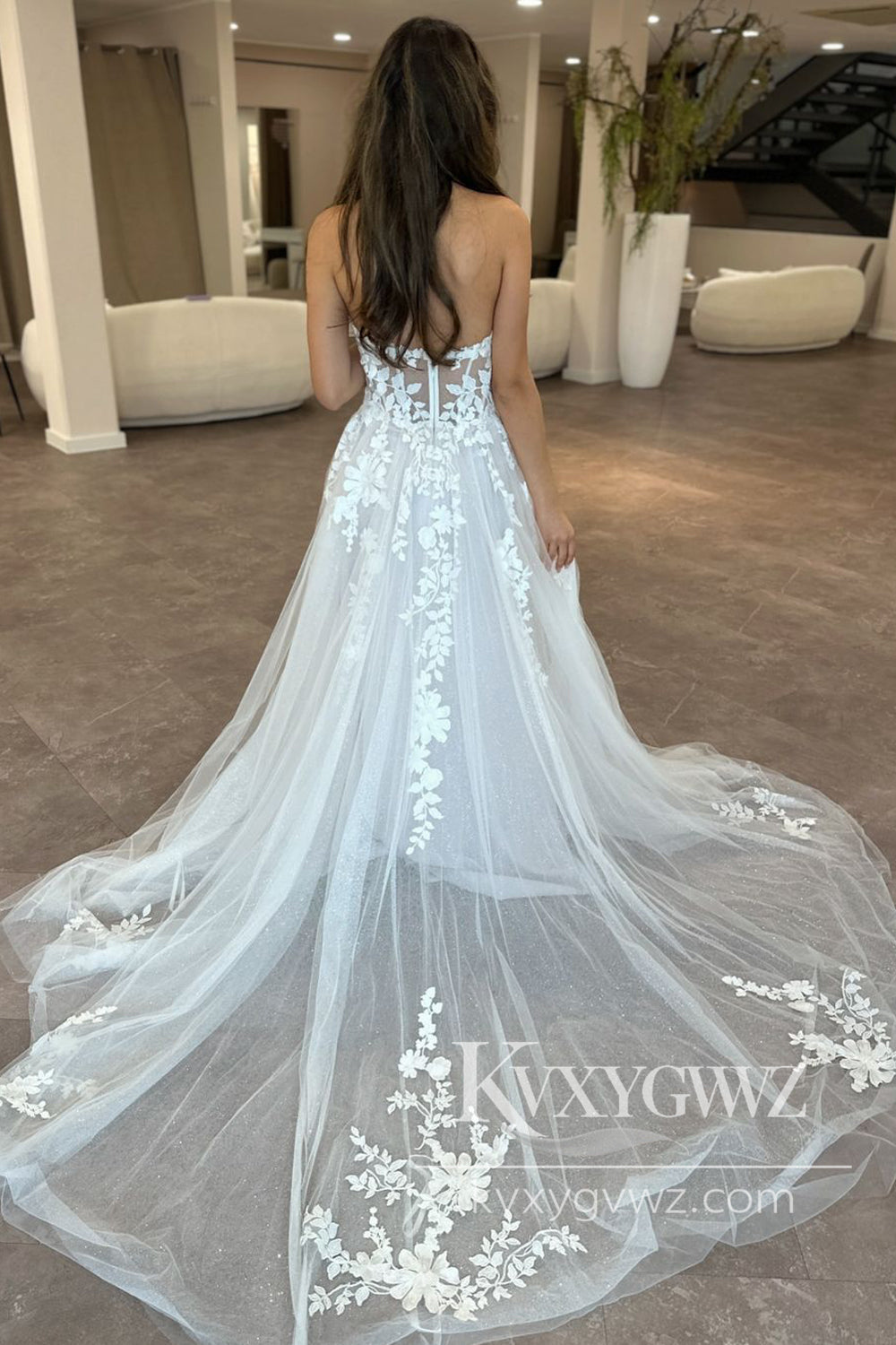 Pastoral Style A Line V Neck Tulle Long Wedding Dresses Gown with Appliques HS1005