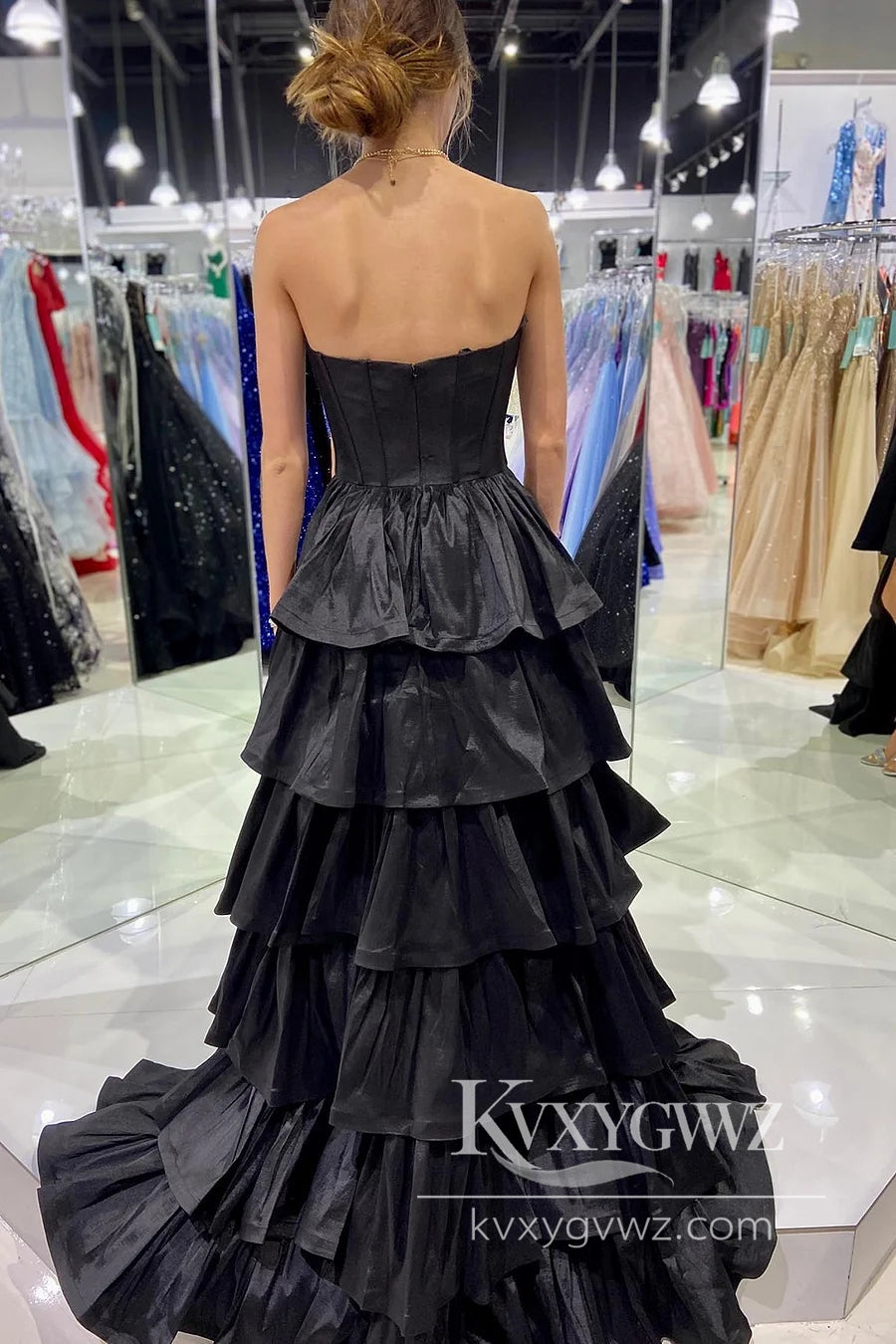 Simple Black A-Line Corset Evening Gown Sweetheart High Low Tiered Prom Dress LF1007
