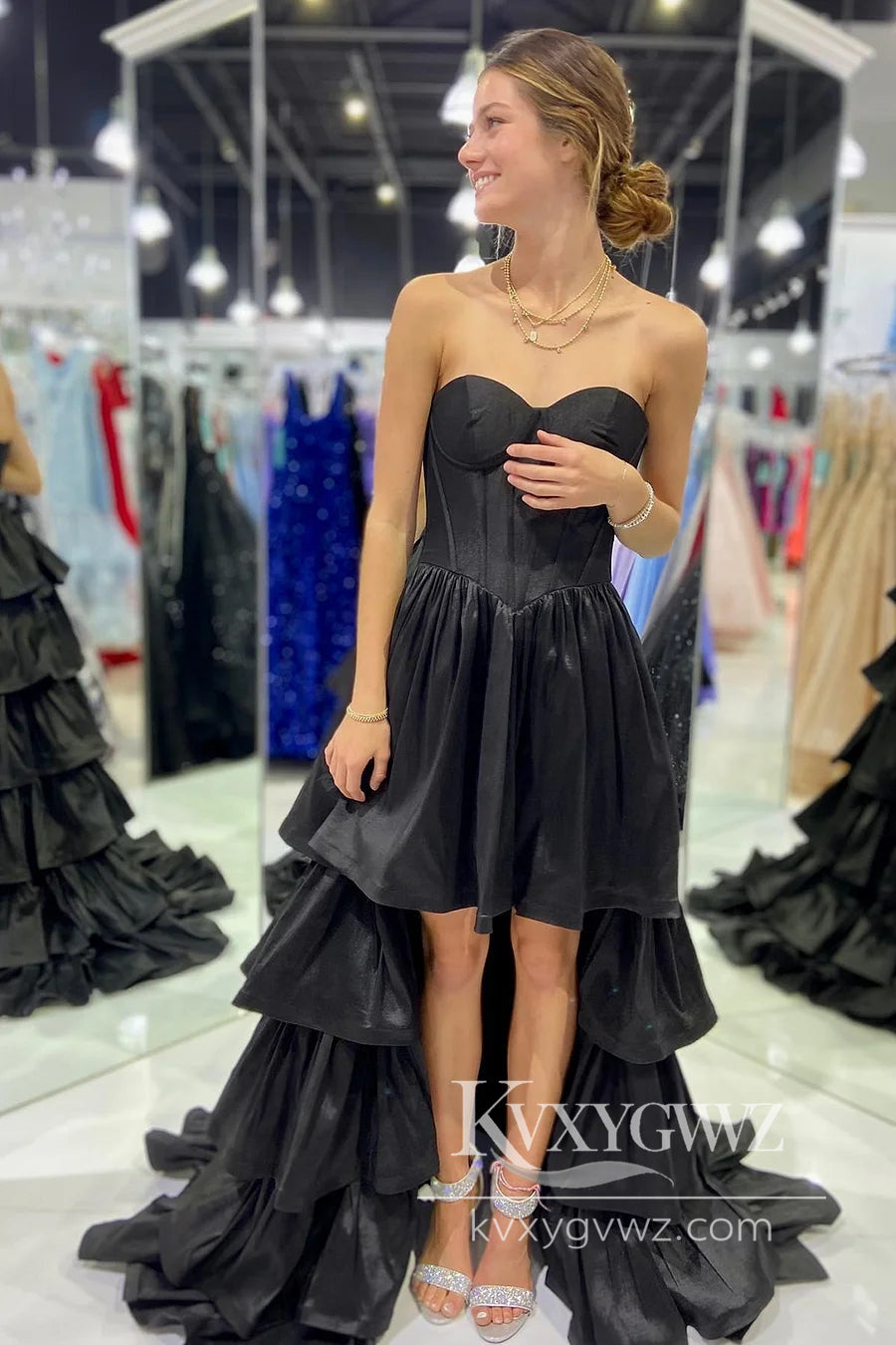 Simple Black A-Line Corset Evening Gown Sweetheart High Low Tiered Prom Dress LF1007