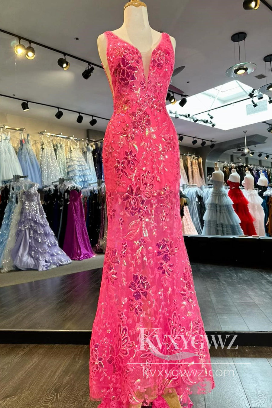 Pink Sequin Appliques Evening Gown Plunge V Mermaid Long Formal Prom Dress LF1009