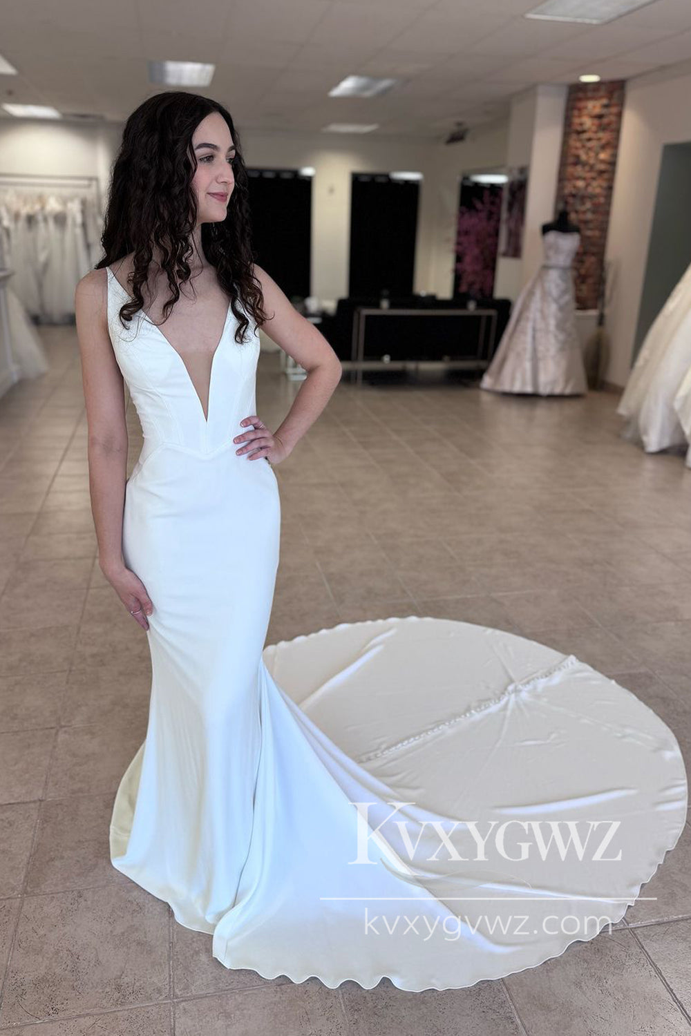 Chic Mermaid Deep V Neck Elastic Satin Long Wedding Dresses Gown HS1009
