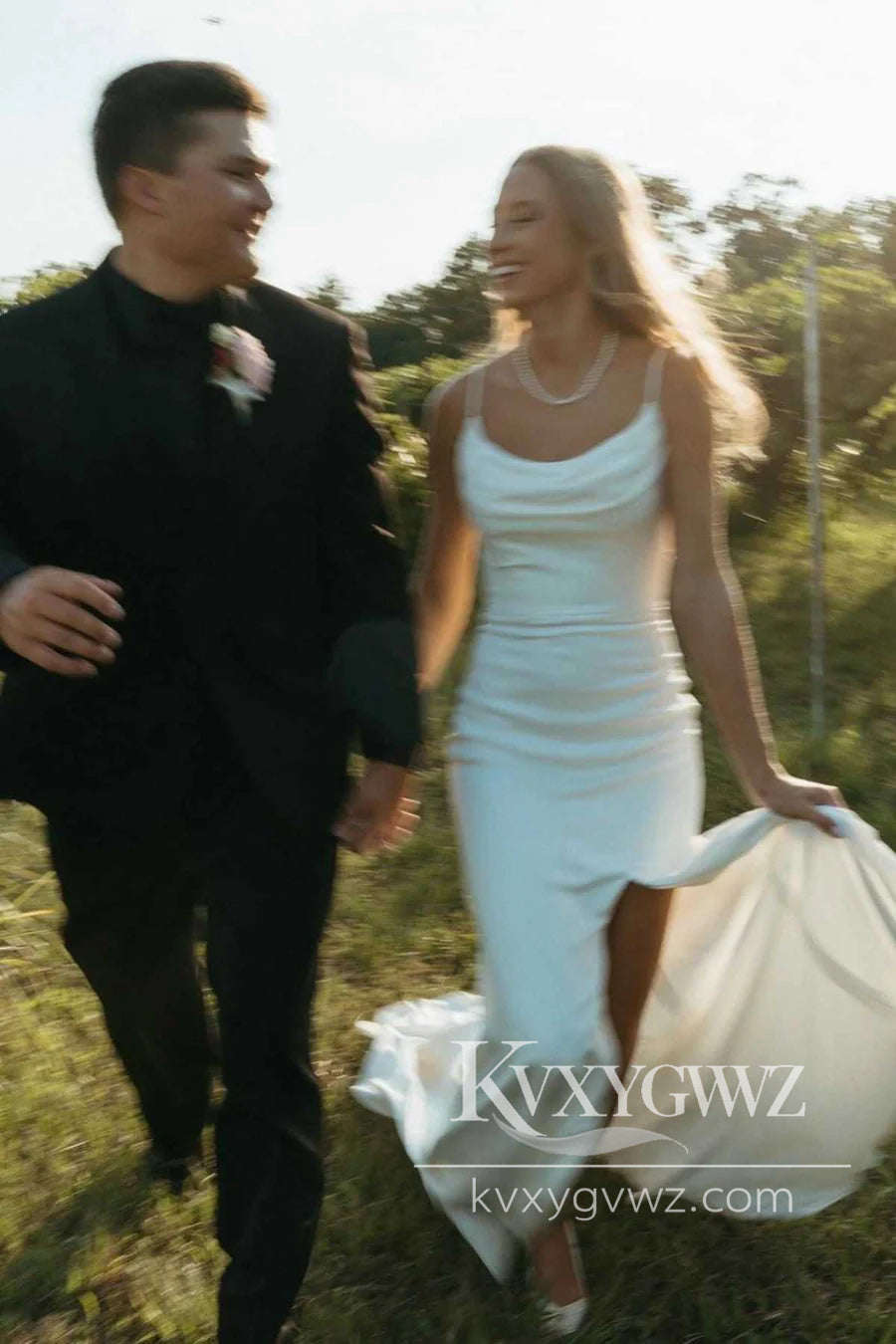 Simple Sheath Cowl Neck Silk Satin Long Wedding Dresses Gown with Slit HS1010