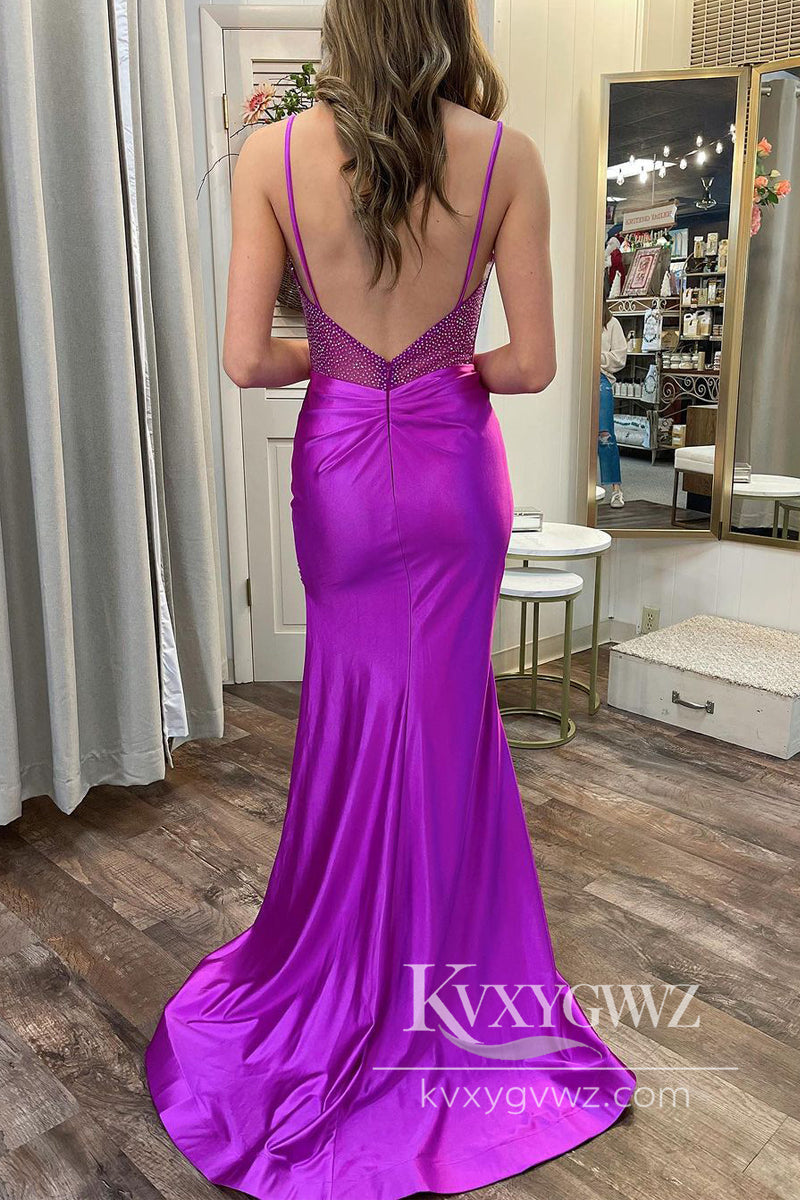 Purple Sweetheart Evening Gown Satin Mermaid Long Prom Dress with Slit LF1010