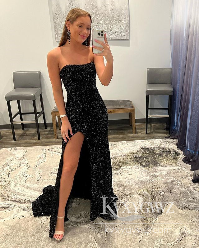 Conspicuous Mermaid Evening Gown Strapless Black Sequins Prom Dress with Slit LF1011