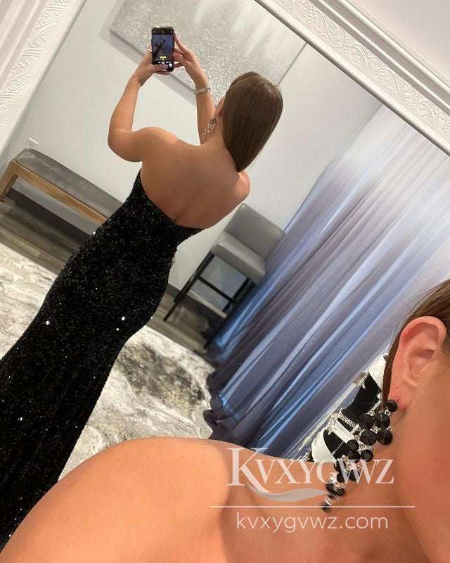Conspicuous Mermaid Evening Gown Strapless Black Sequins Prom Dress with Slit LF1011
