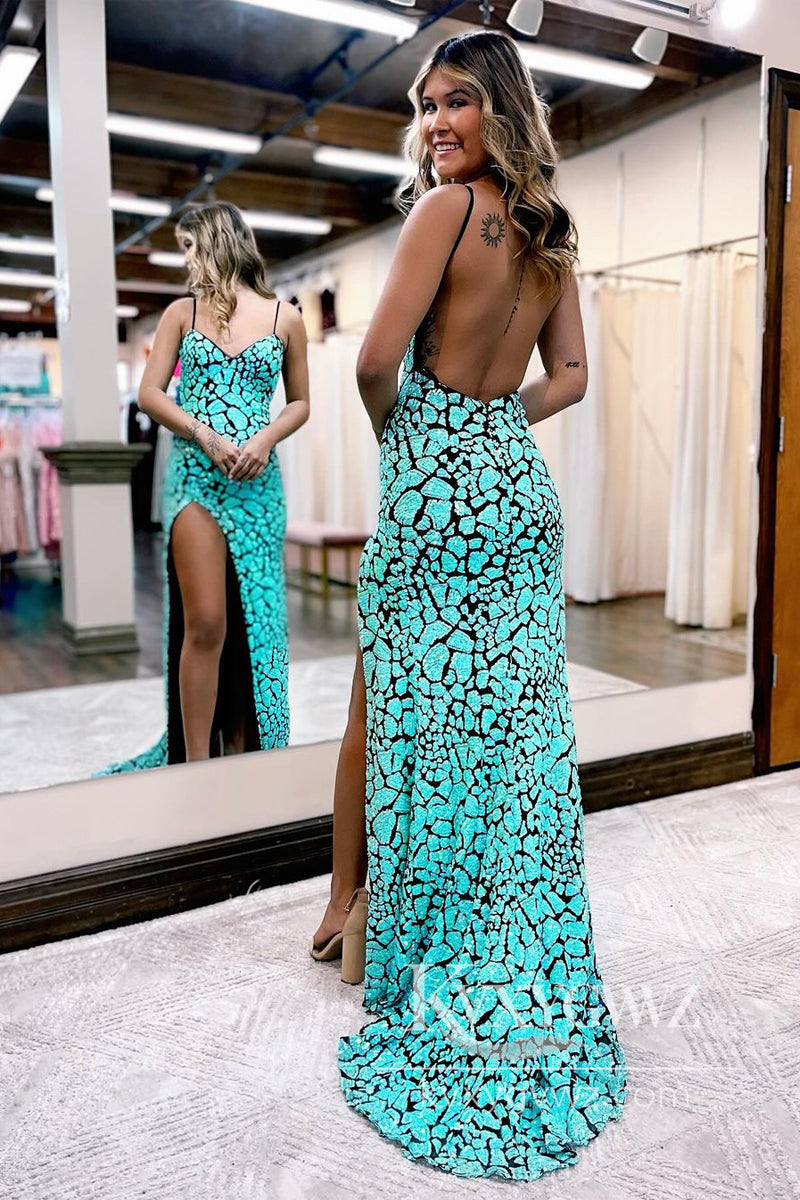 Stylish Hot Pink Evening Gown Spaghetti Straps Sequin Mermaid Prom Dress LF1014