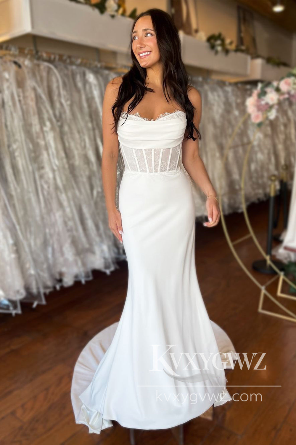 Mermaid Sweetheart Elastic Satin Long Wedding Dresses Gown with Lace HS1014