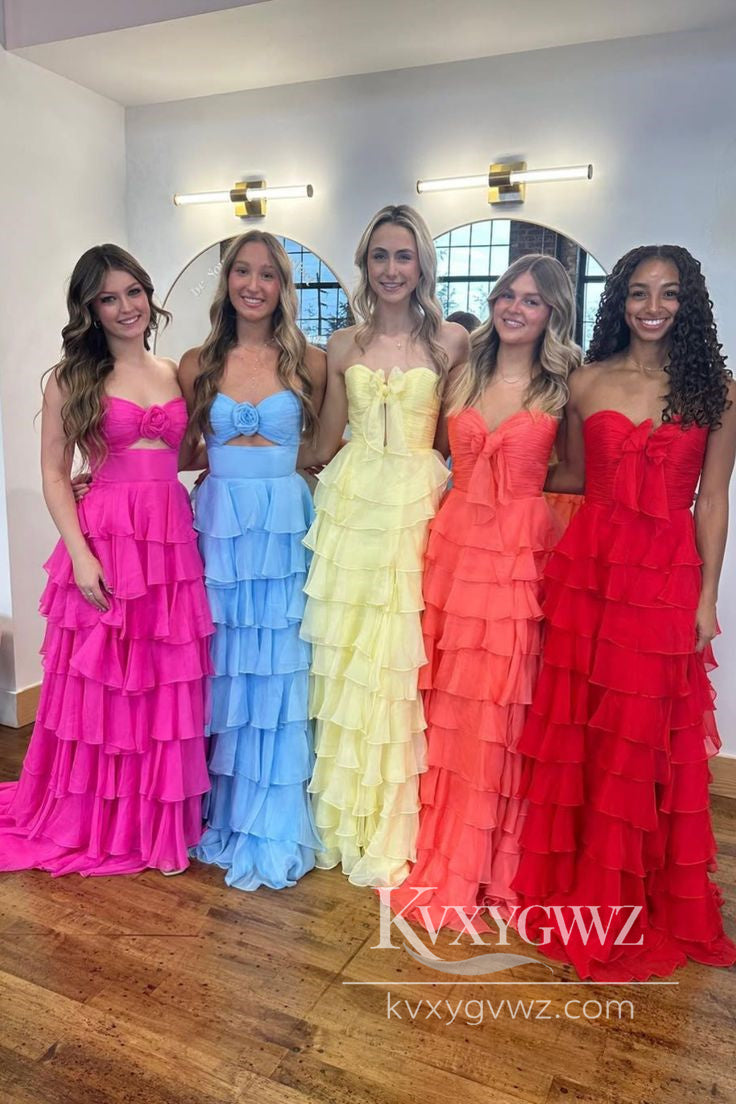 Stunning A Line Sweetheart Evening Gown Pink Chiffon Tiered Slit Prom Dress with Bow LF1015