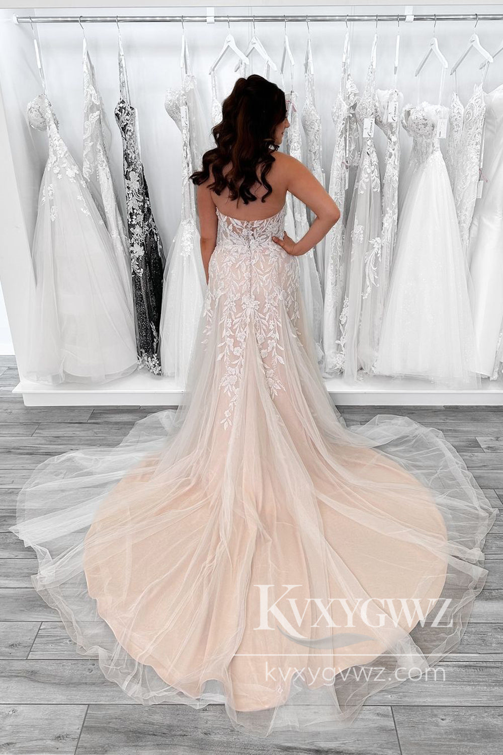 Graceful A Line V Neck Sequins Lace Tulle Long Wedding Dresses Gown HS1015