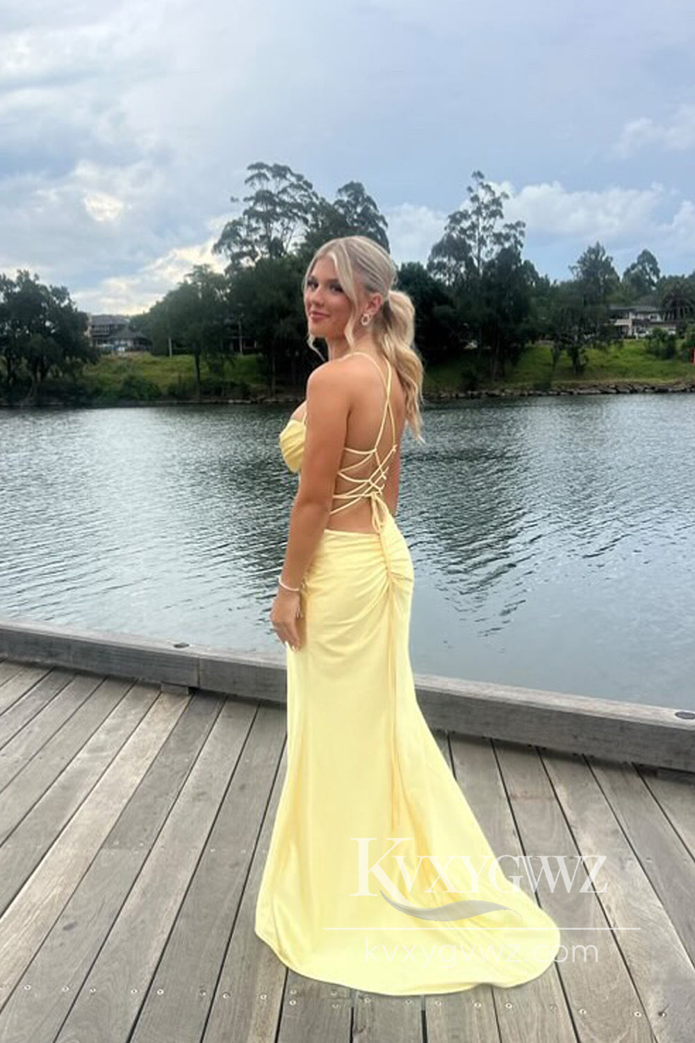 Stunning Mermaid Straps Evening Gown Yellow Satin Slit Prom Dress with Cross Back LF1016