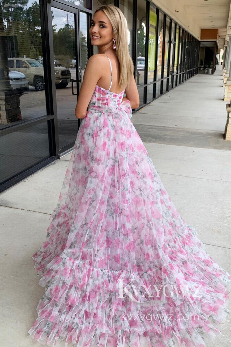 Pink Print Halter Evening Gown Keyhole A-Line Long Prom Dress LF1018
