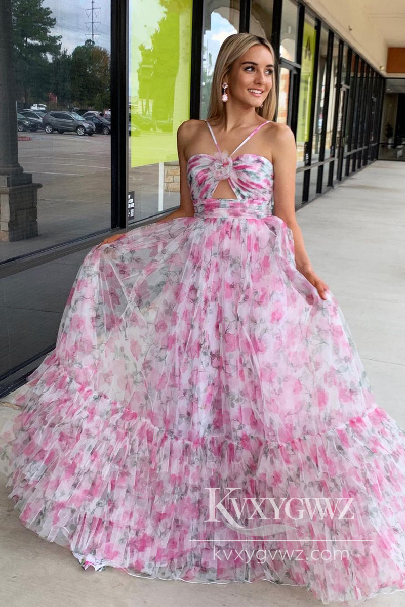 Pink Print Halter Evening Gown Keyhole A-Line Long Prom Dress LF1018