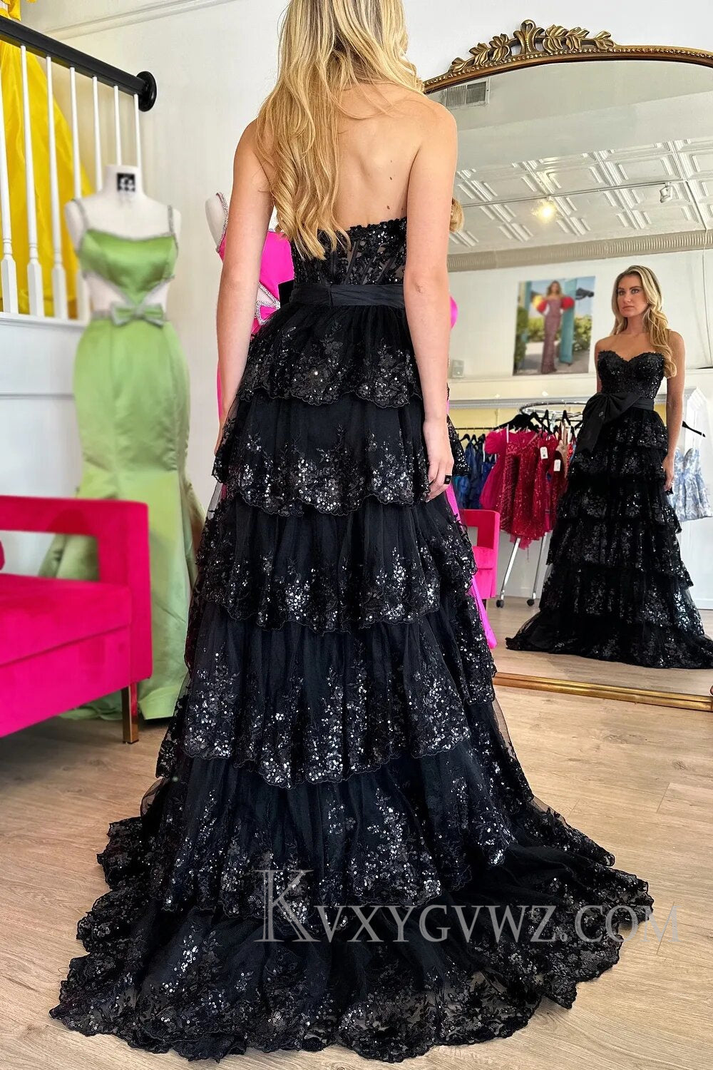 Sparkly Black Sweetheart Ruffled Bow Long Prom Dress with Slit LF102