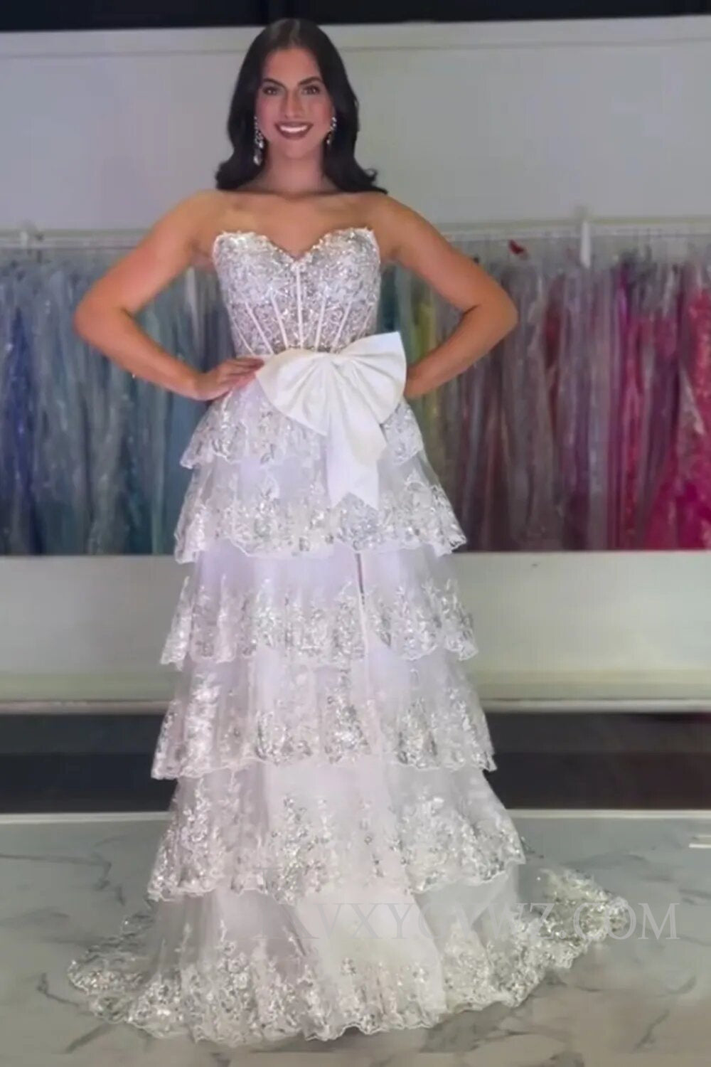 Sparkly Black Sweetheart Ruffled Bow Long Prom Dress with Slit LF102