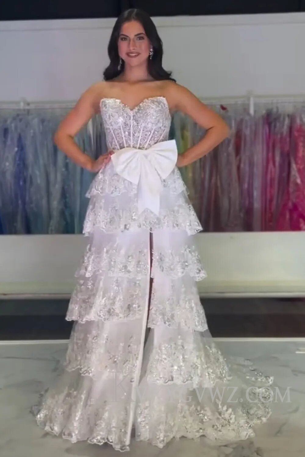Sparkly Black Sweetheart Ruffled Bow Long Prom Dress with Slit LF102