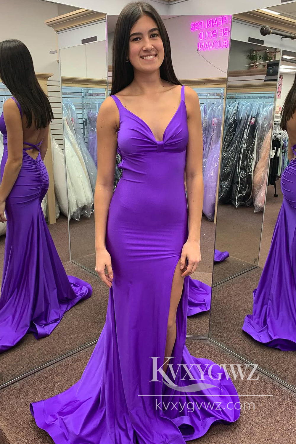 Glamorous Mermaid V Neck Prom Dress Purple Satin Slit Evening Party Gown LF1022