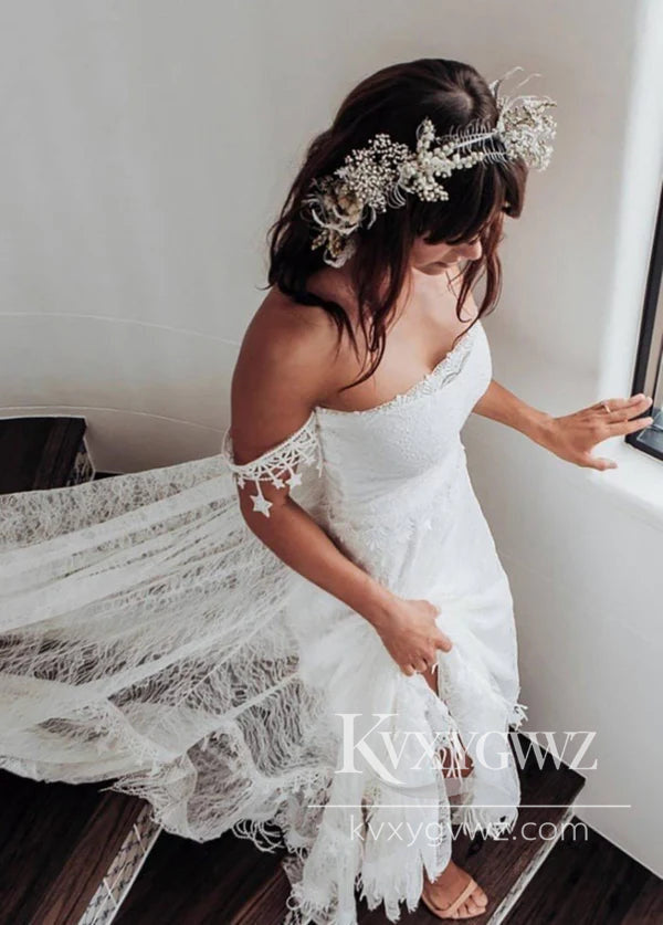 Boho Mermaid Off the Shoulder Lace Beach Wedding Dresses Gown HS1022