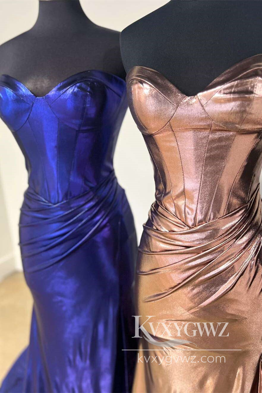 Fashion Sweet Mermaid Evening Gown Brown Conspicuous Satin Prom Dress With Split LF1024