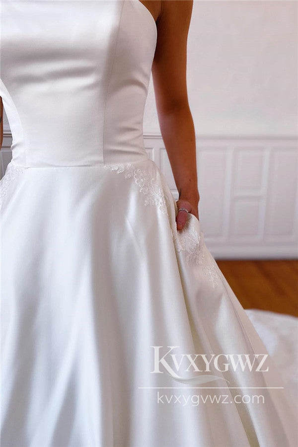 Dazzling Ball Gown Strapless Satin Wedding Dress with Applique HS1025