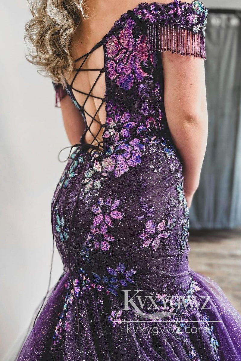 Purple Evening Gown Off the Shoulder Sequin Lace Mermaid Prom Dress LF1025