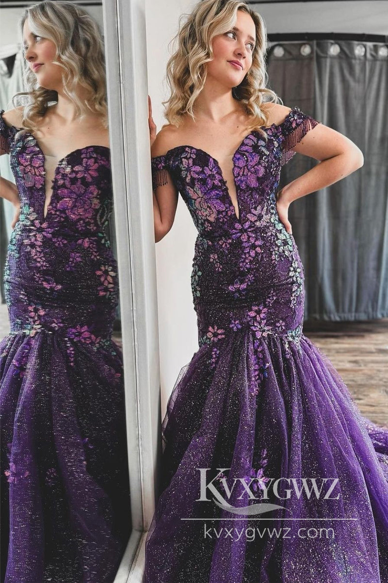 Purple Evening Gown Off the Shoulder Sequin Lace Mermaid Prom Dress LF1025