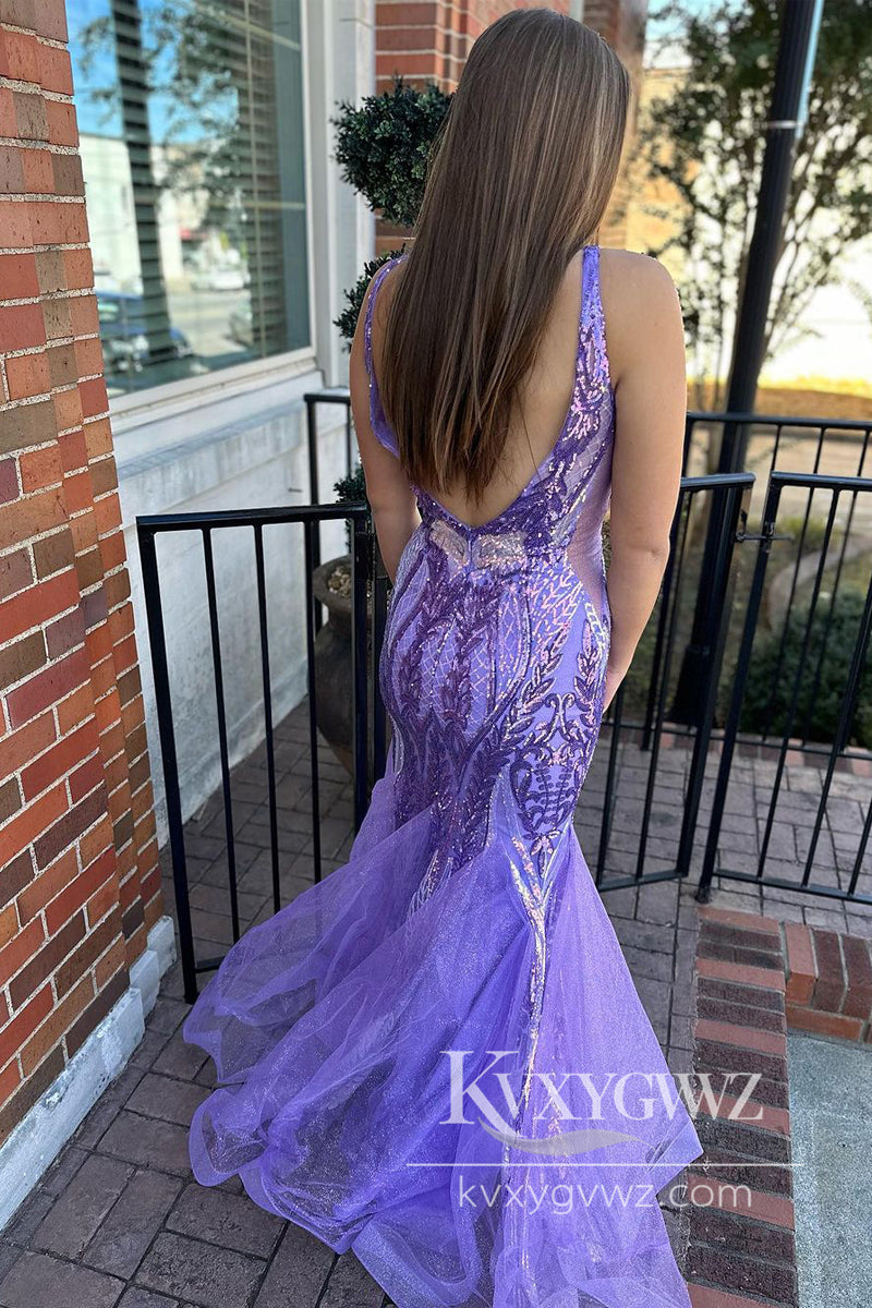 Purple Mermaid Evening Gown V Neck Sequin Appliques Long Prom Dress LF1026
