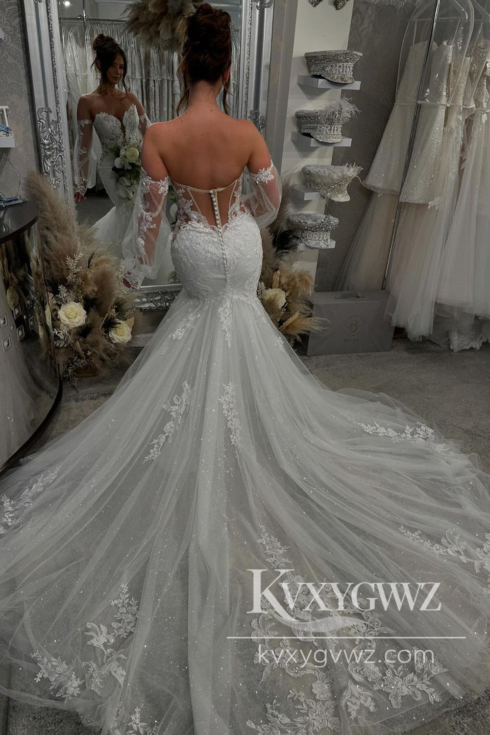 Bohemian Mermaid Sweetheart Lace Wedding Dresses Gown with Sleeves HS1026