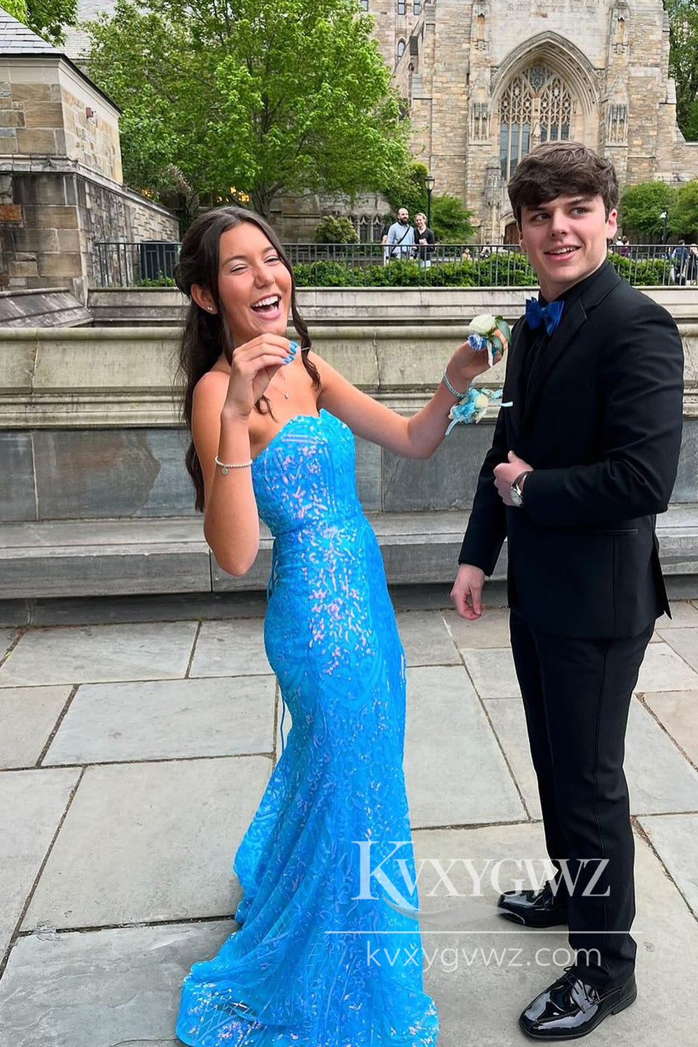 Conspicuous Mermaid Evening Gown Strapless Blue Sequins Long Prom Dress LF1027