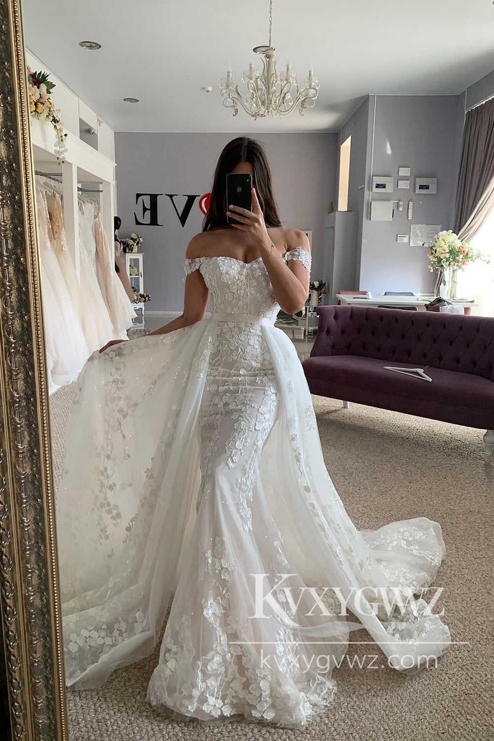 Dazzling Mermaid Off the Shoulder Lace Tulle Wedding Dresses Gown with Appliques HS1027